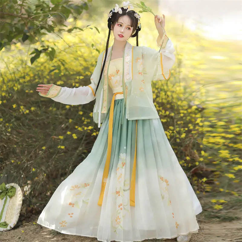 

Chinese Traditional Hanfu Dress Suit with Half-sleeve Clear One-piece Pleated Skirt Spring and Summer Style Coaplay Costumes