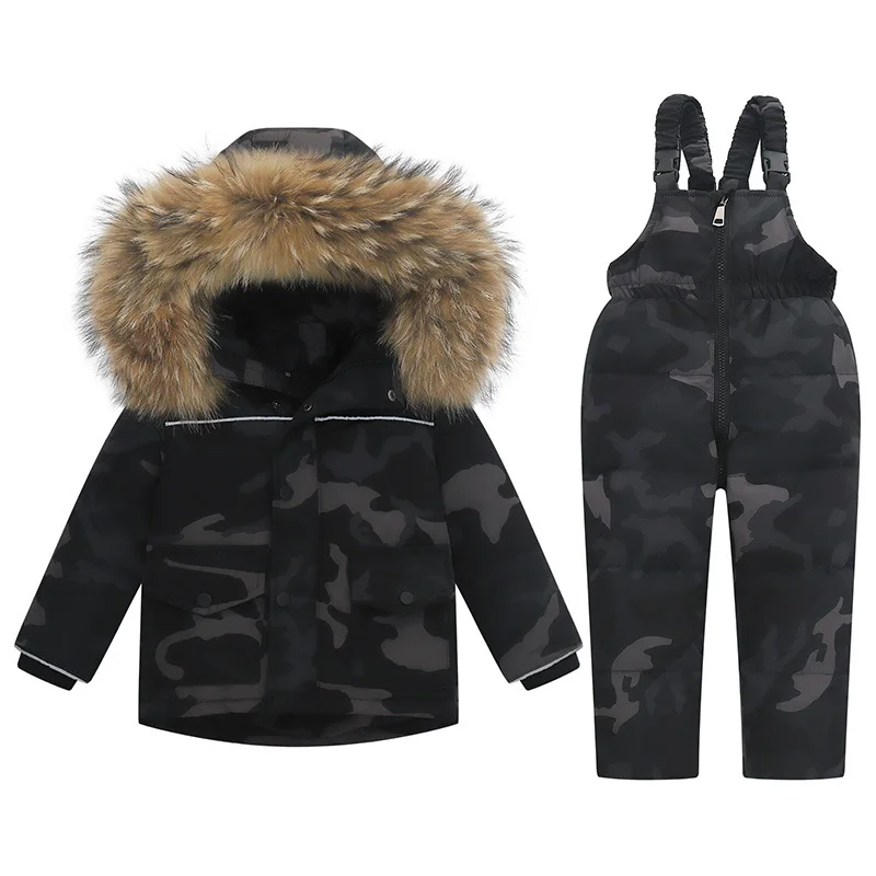 

RAISE Winter Little Boys 2PCS Set Reflective Stripe Real Fur Down Jacket Snowsuits Waterproof Baby Girl Overalls Kids Boy Outfit