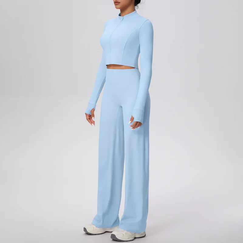 여성용 짐 피트니스 플레어 팬츠 슈트 2피스 세트 의류 요가 세트 긴팔 상의 루즈핏 스트레이트 팬츠 트랙슈트 세트 액티브웨어