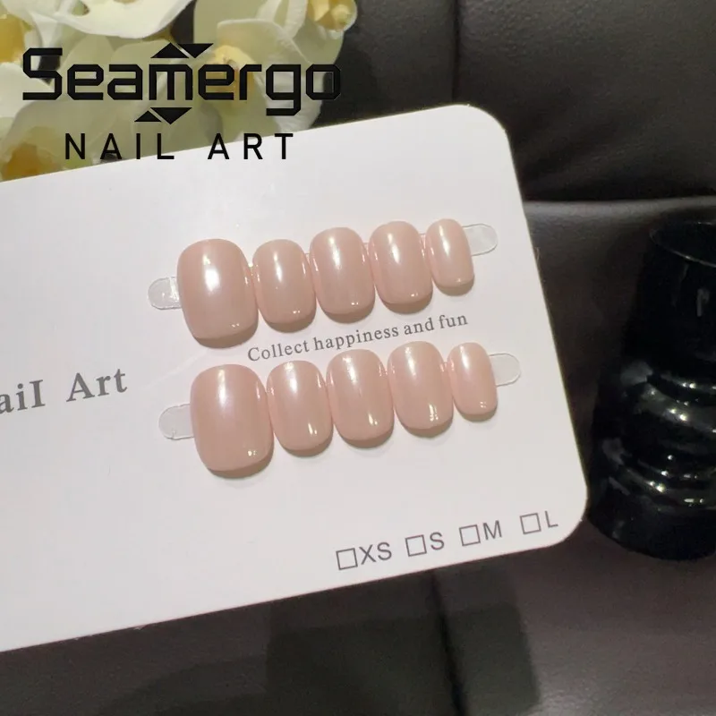 

10PCS Nude Pink Short Square Round Handmade Press on Nails Glossy Simple Pure Color Sweet False Nails Cute Ins Nails with Glue
