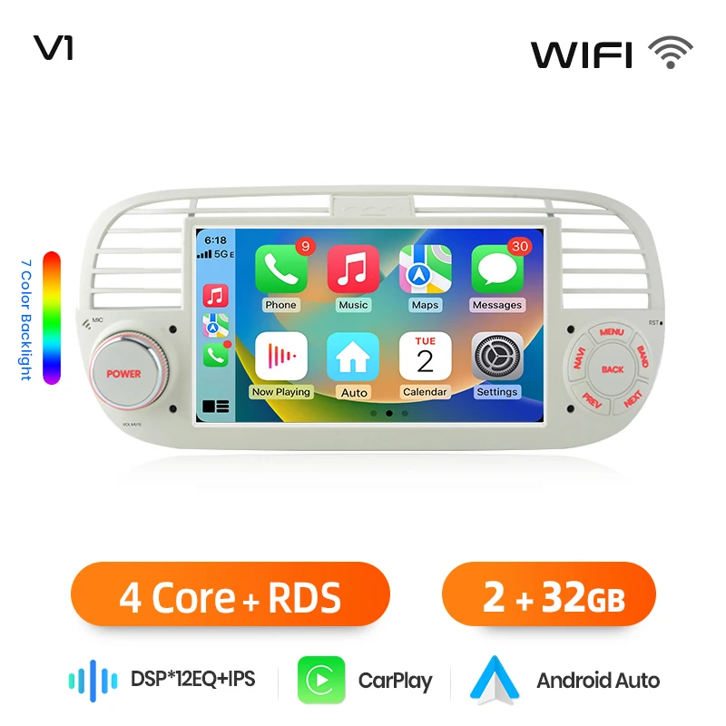 Junsun 7 inch Android autoradio voor Fiat 500 2007 - 2015 draadloos voor Apple CarPlay Auto IPS touchscreen stereo multimediaspeler automotive slimme intelligente systemen 2 Din autoradio head unit