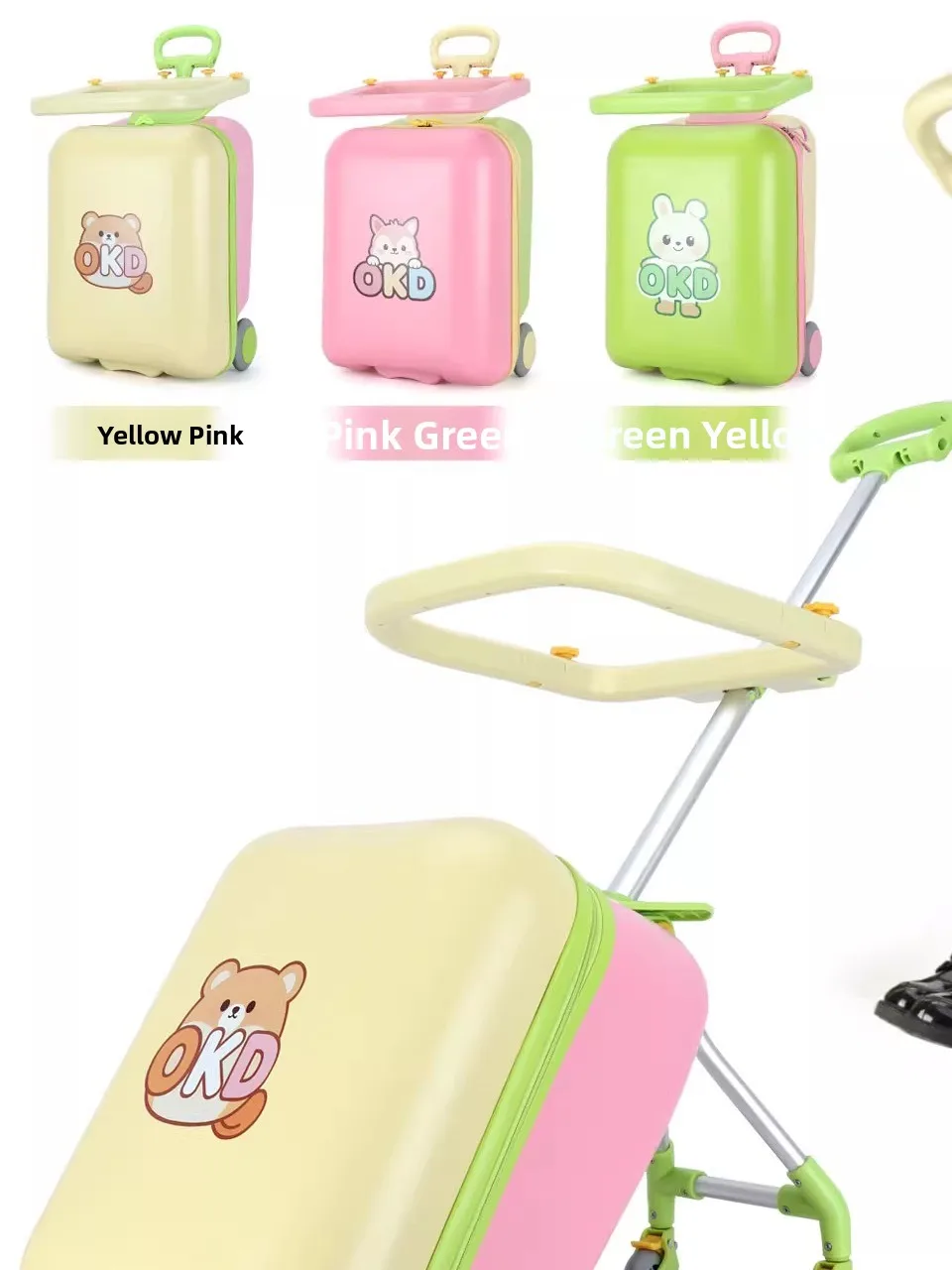 OKD2026 New Children's Rideable Lage 20-Inch Travel Suitcase Fem Cartoon Sle Polyester Inner Material Zipper Closure