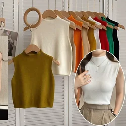 Hot Women's Vest Tank Top Solid Color Knitted T-Shirt Spring Autumn Sleeveless Cropped Top Camisole Soft Half-turtleneck Sweater