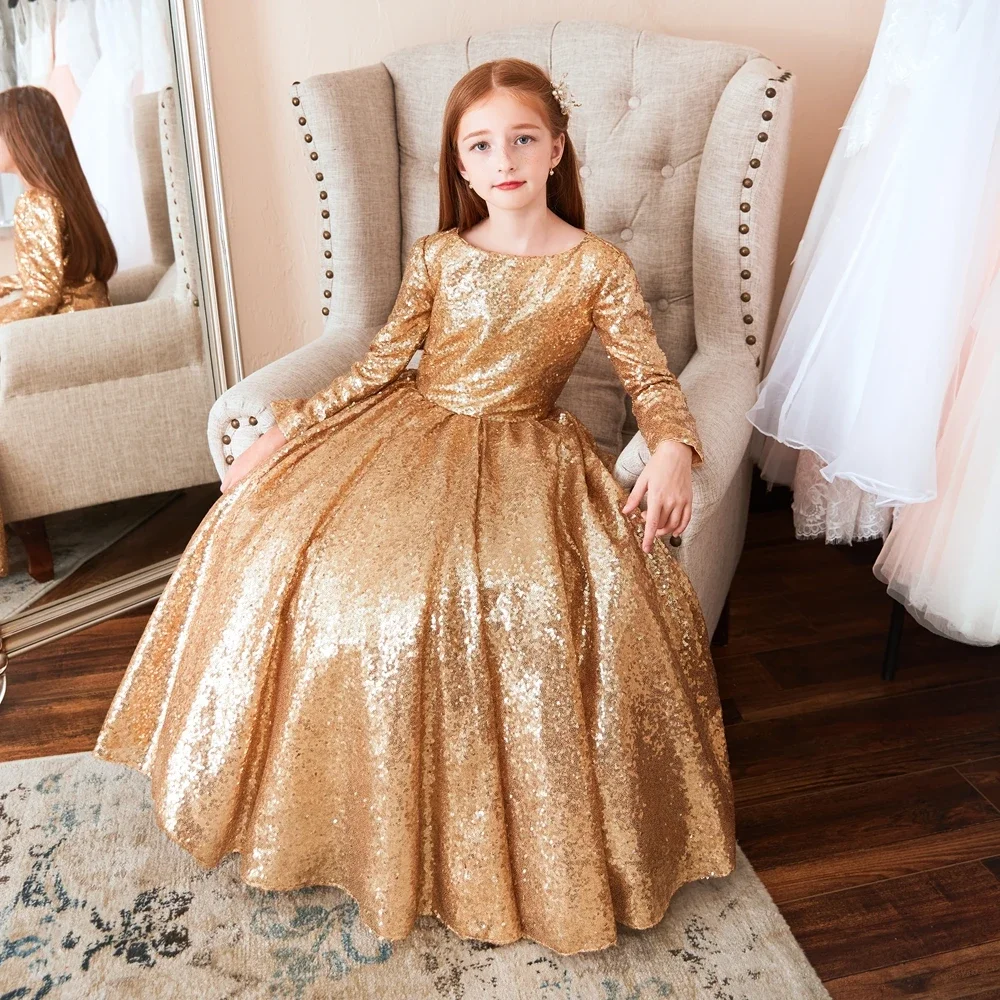 2-12yrs Teenage Girls Wedding Gold sequins Flower Girl Dress Princess Birthday Party Pageant prom Long Girl Dresses vestidos