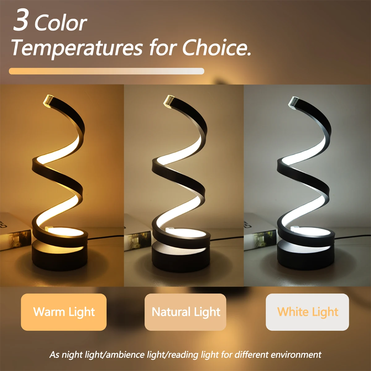 Modern minimalist spiral desk lamp, wire controlled three color LED ambient light, suitable for bars, cafes, bedrooms, and rooms