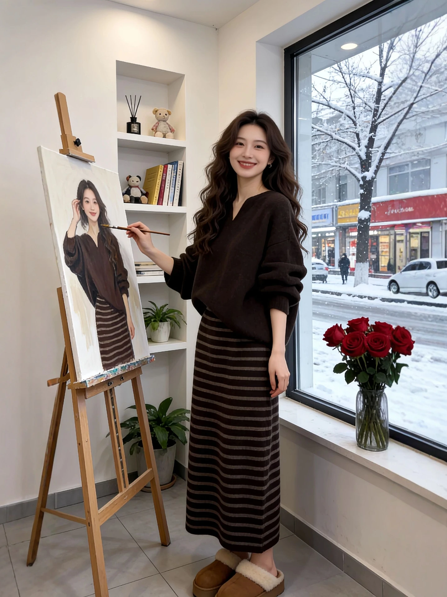 

Winter Knitted Sweater And Stripe Skirt Set plus Size Women's Faionable Vintage f-length Skirt And Loose Fit Sweater