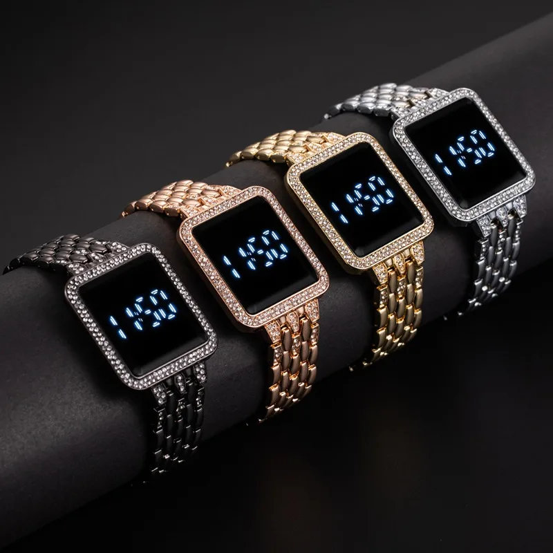 Luxury Diamond Digital Watches for Woman Simple Touch Screen Women LED Watch Fashion Steel Strap Ladies Watch Gift Reloj Mujer