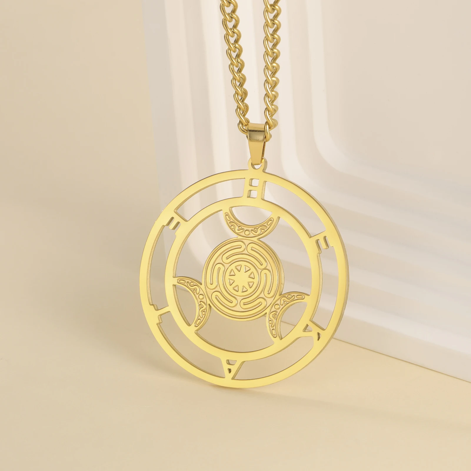 Hecate Triple Moon Goddess Pewter Wheel of Hecate Pendant Necklace Pagan Wiccan Magic Amulet Present Jewelry for Women Men