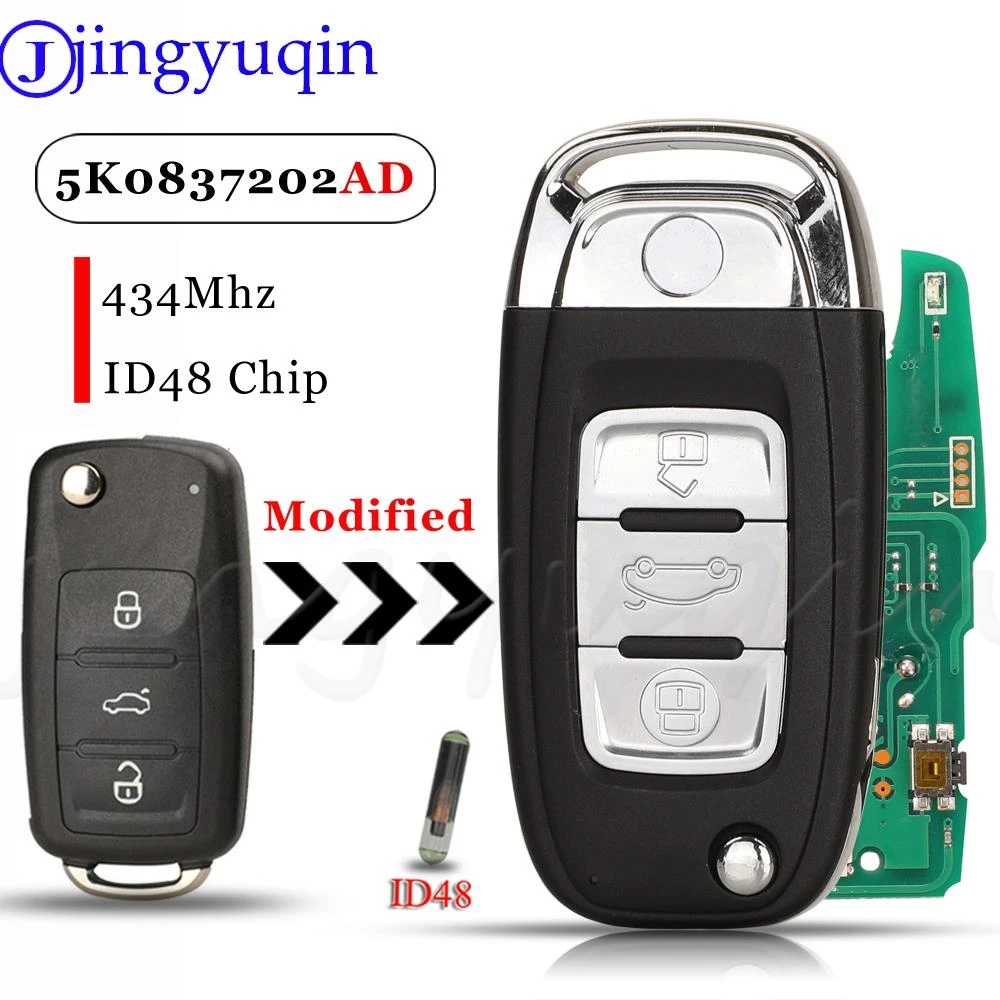 jingyuqin 3-przyciskowy zmodyfikowany klucz zdalny z klapką 5K 0837202 AD 434Mhz ID48 Dla VW Polo Jetta Golf MK6 Tiguan Touareg Fob Lampa Na Górze