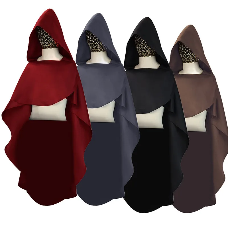 

Средневековый рыцарский плащ с капюшоном, костюм для косплея, длинный однотонный халат для молодежи, осенний танцевальный костюм, прямой крой, круглый вырез