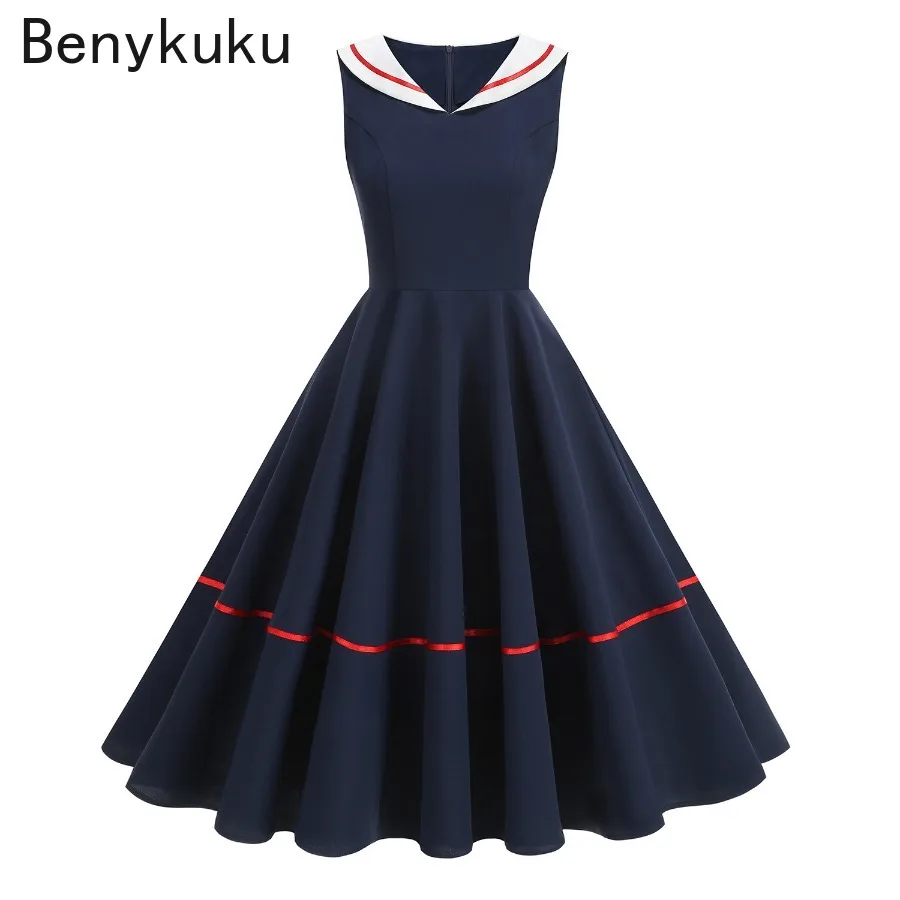 

Preppy Style Sailor Collar Vintage 50s 60s Swing Dress Summer Women Clothes Elegant Sleeveless School Pin Up Rockabilly Dresses