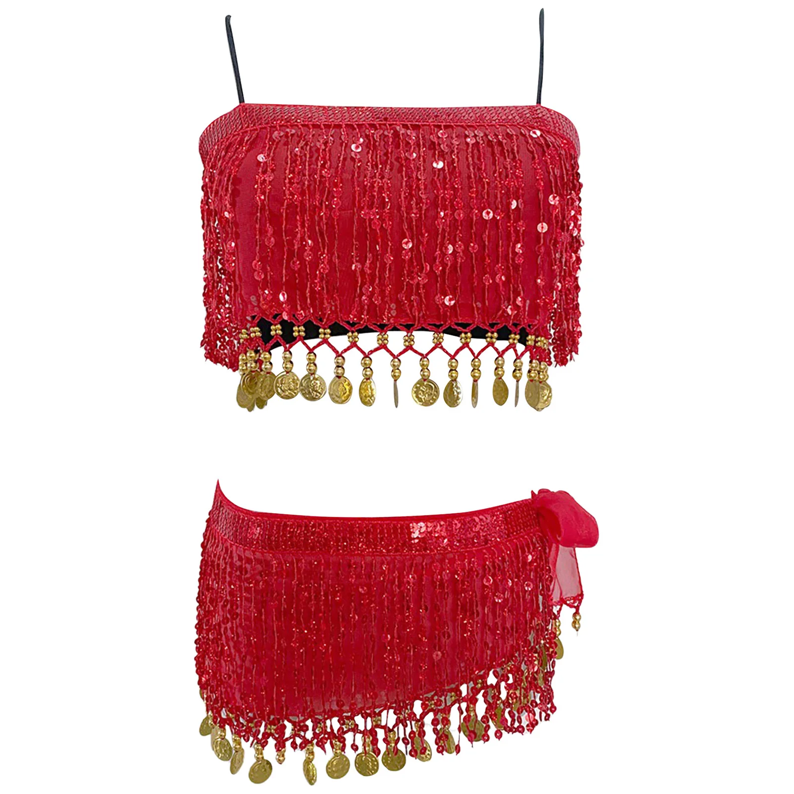 Womens Buikdans Outfit Pailletten Kwastje Top Crop Hemdje Veiligheidsshorts Hippe Sjaal 4-delige Danskleding voor India Volksdans