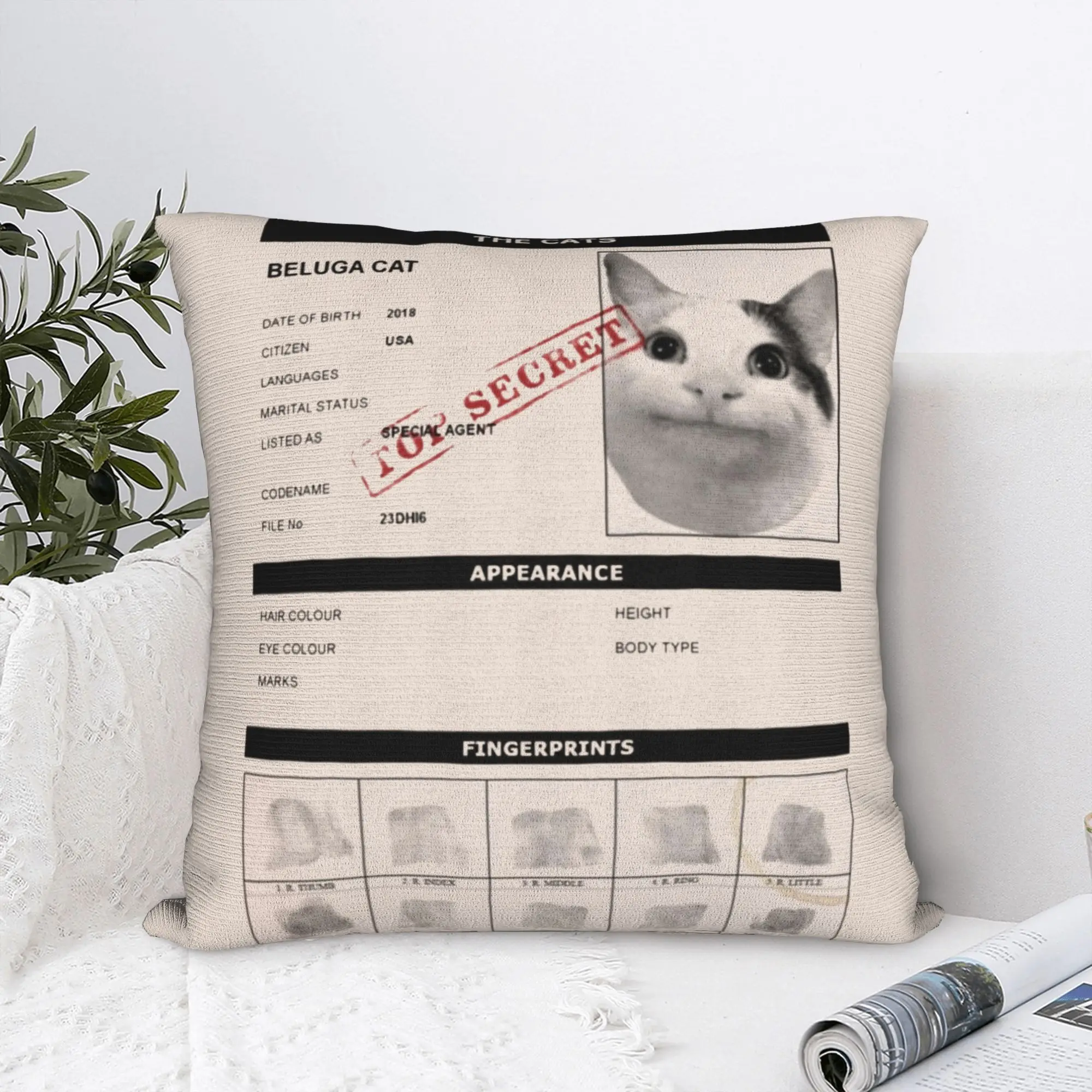 Beluga Cat Agent Top Secret Meme Pillowcase Soft Fabric Cushion Cover Decoration Funny Throw Pillow Case Cover Chair Zipper
