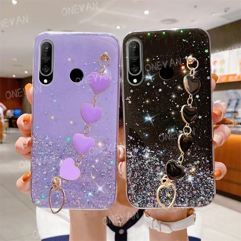 Luxury Glitter สายรัดข้อมือ Love Heart สร้อยข้อมือเคสโทรศัพท์สําหรับ Huawei P30 Lite P20 Mate 20X Y7 Y9 Y6P Y7P Y7A Y9A Y9S ฝาครอบกันชน