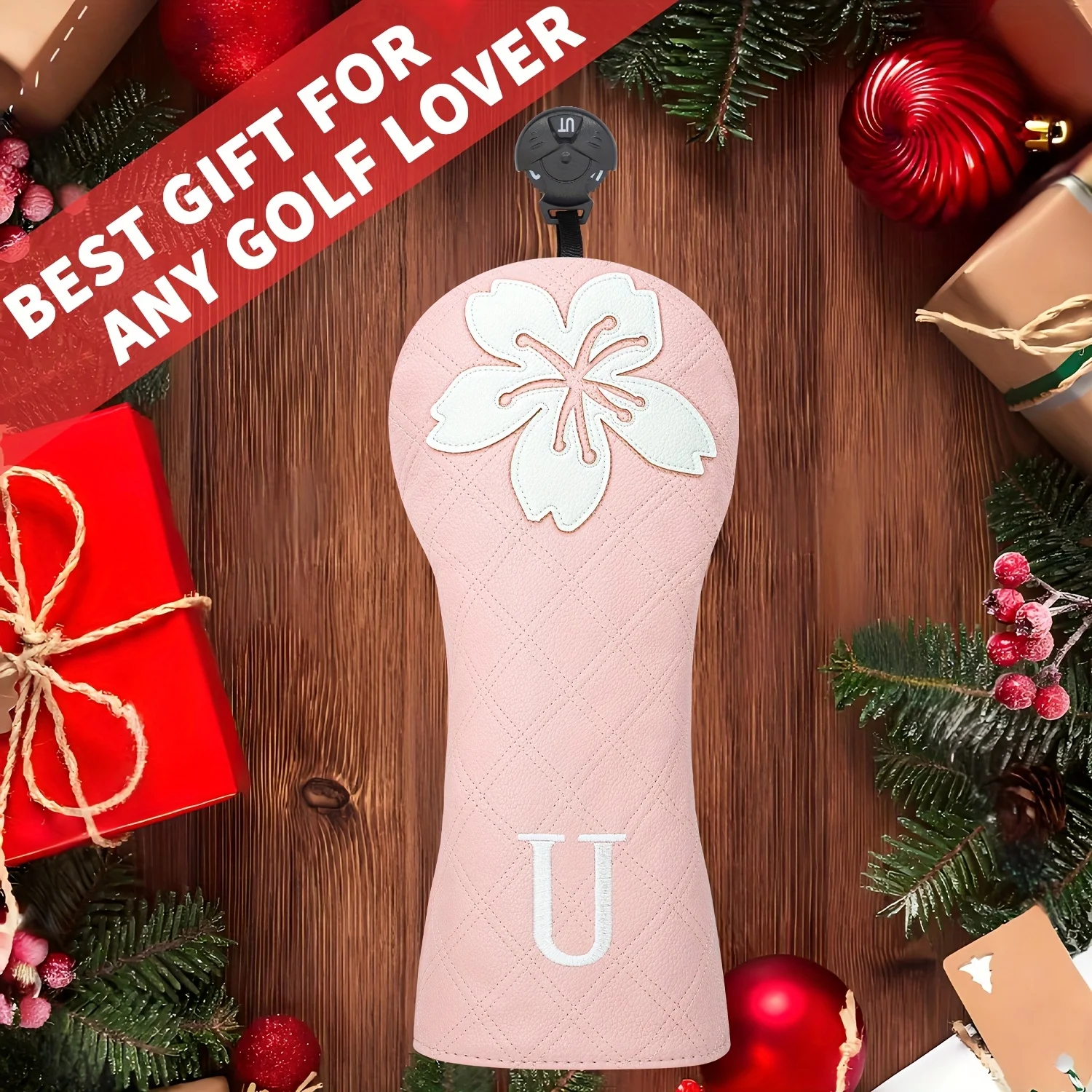 A Fun Pink Mesh Golf Club Head Cover with White Floral Cherry Pattern, Suitable for 1 Wood, 3/5 Wood And UT Wood,