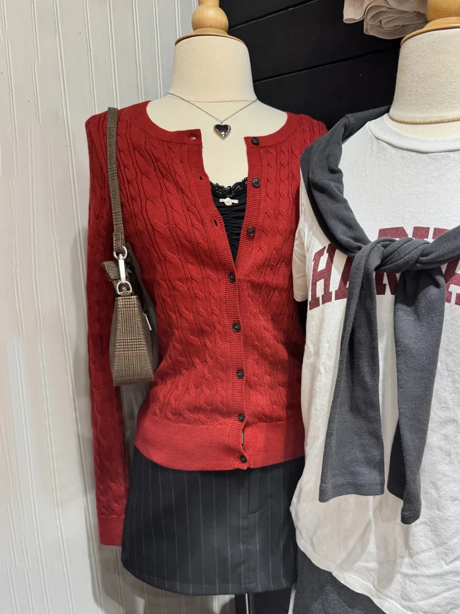 

Красный винтажный кардиган с цветочным принтом, женский весенний однобортный трикотаж с круглым вырезом и длинными рукавами, топы, тонкие вязаные свитера