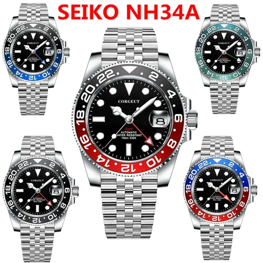 

Luxury NH34 Mechanical Wristwatch 10bars GMT Watch Corgeut Brand Jubliee Sapphire Glass Swim Men Watches Luminous reloj hombre