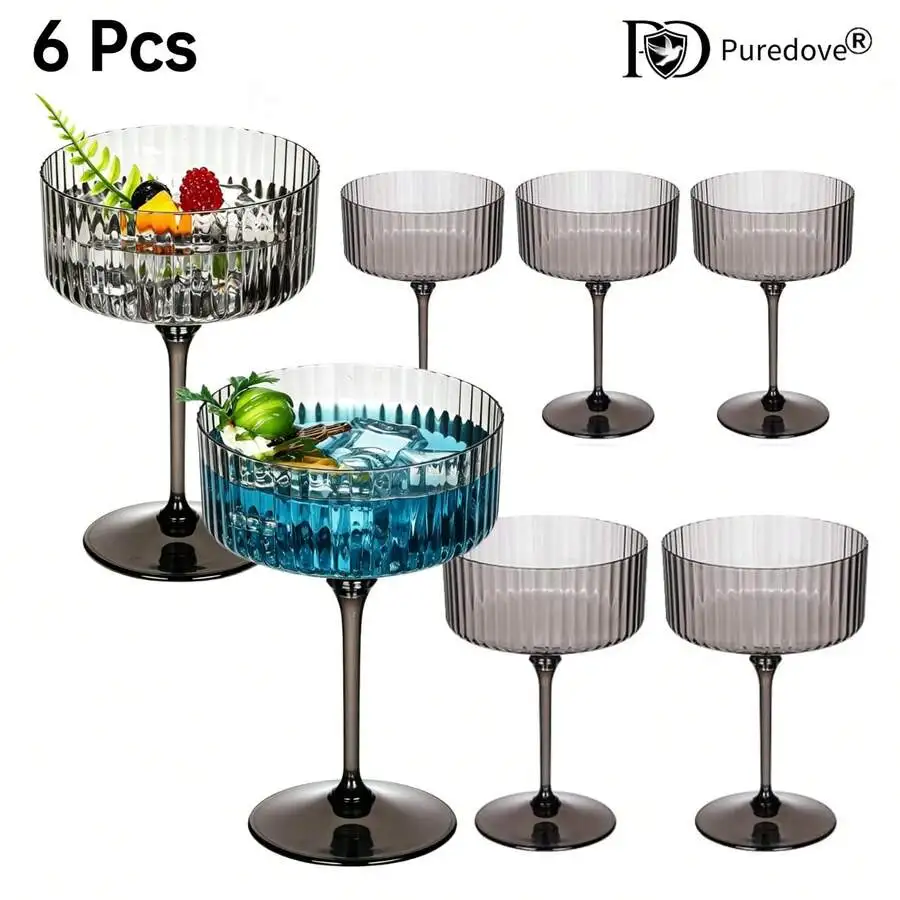 6/12 PCS Plastic Ribbed Martini Glasses 10 Oz, Black | Reusable Vintage Coupe Cocktail Glasses, Unbreakable Dessert Parfait Glas