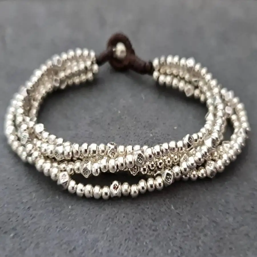 Handmade Silver beads five rows bracelet, men's cuff button bracelet, Ramadan prayer bead bracelet,holiday gift, daily wear view 2