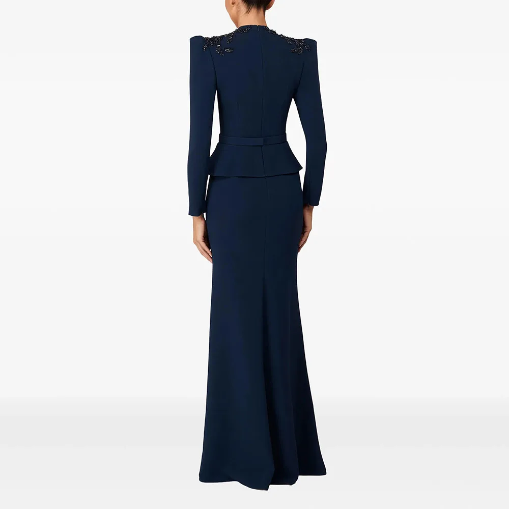 فستان سهرة فاخر على شكل حرف v وأكمام طويلة مطرز بالكريستال فساتين سهرة مستقيمة بطول الأرض فستان زفاف الضيوف حسب الطلب