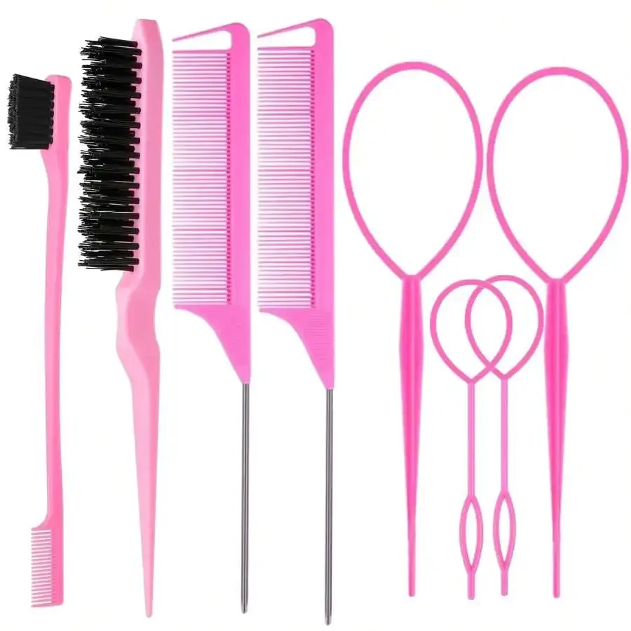 

8Pcs Pink Hair Styling Set With Topsy Tail Tools, Bristle Brush, Edge Brush And Metal Pin Rat Tail Combs