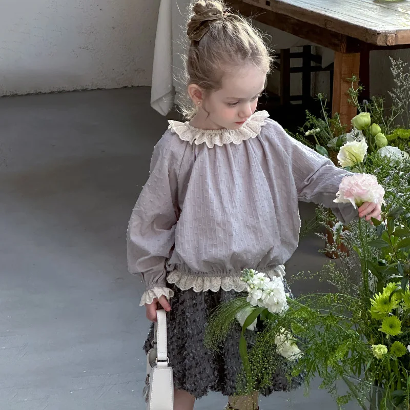

Children's Spring Outfit Sweet Cute Lace Trim Base Shirt Two-Piece Set Baby Outfit Stylish Top Half Skirt