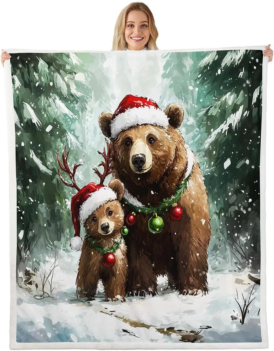 Christmas Kids Throw Blanket Cartoon Bear Antler Fuzzy Blanket for Boys Girls Room Decor,Western New Year Blanket for Couch Sofa