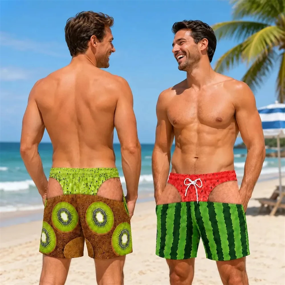 3D Print Fake Buttock Funny Fruit Pattern Men Swim Trunks Watermelon Banana Pineapple Summer Outdoor Sea Beach Shorts Party Hot