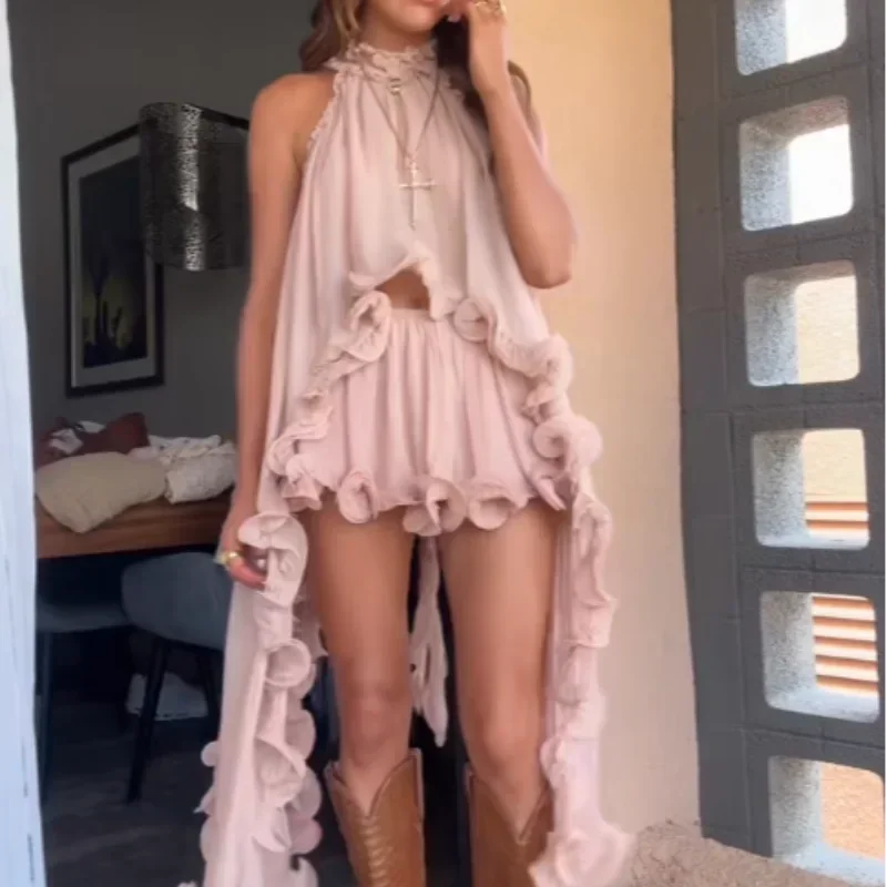 Elegante babados bainha superior saia define duas peças vintage doce sem mangas rendas até colheita topos saia de cintura baixa 2025 conjuntos de roupas femininas