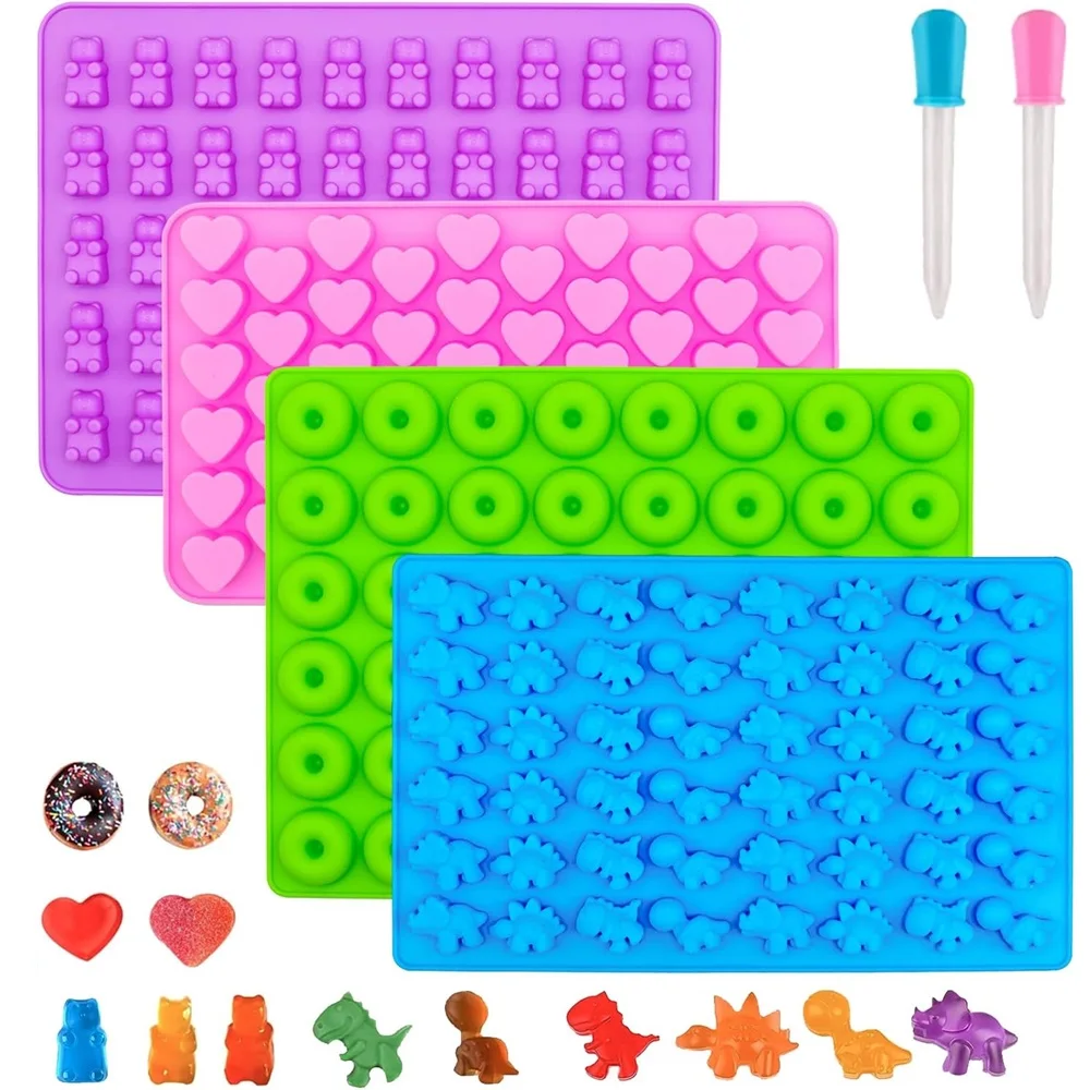 6PCS Candy Silicone Moulds with 2 Dropper Set Candy Gummy Molds Jelly Trays Mold Set DIY Reusable Candy Baking Mold Kitchen Tool