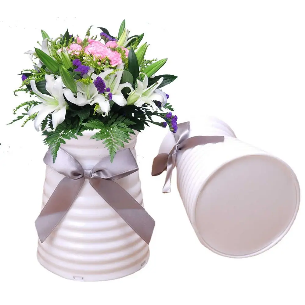 Home Decor Imitation Ceramic Flower Vase Plastic White Plant Pot With A Bowknot Ornament Garden