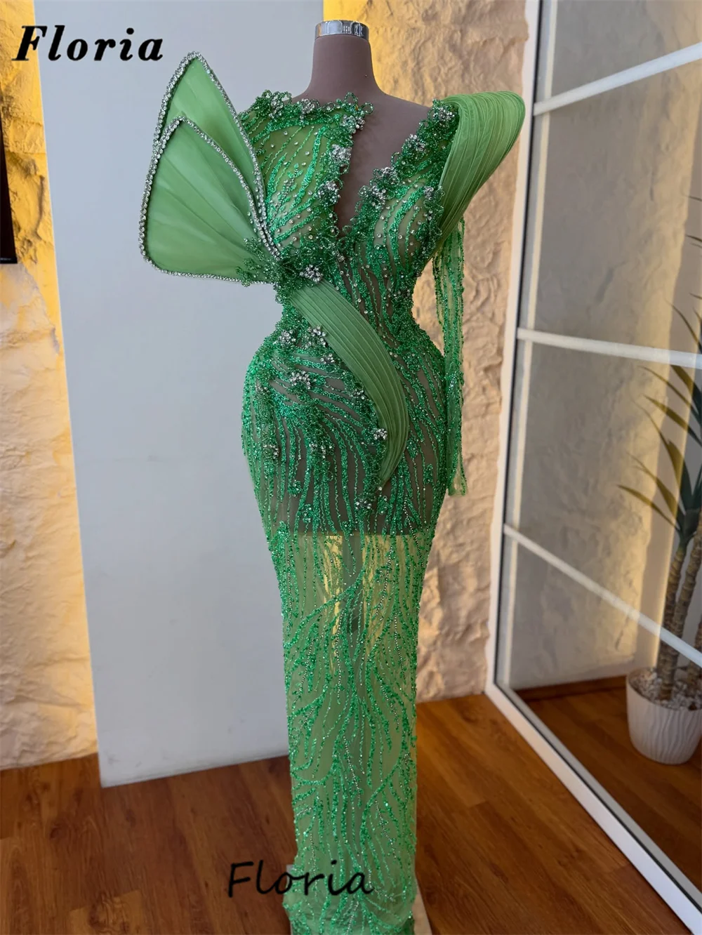 

Новая мода зеленые вечерние платья из бисера с одним рукавом Дубай свадебные платья обручальное платье Vestidos De Fiesta по индивидуальному заказу