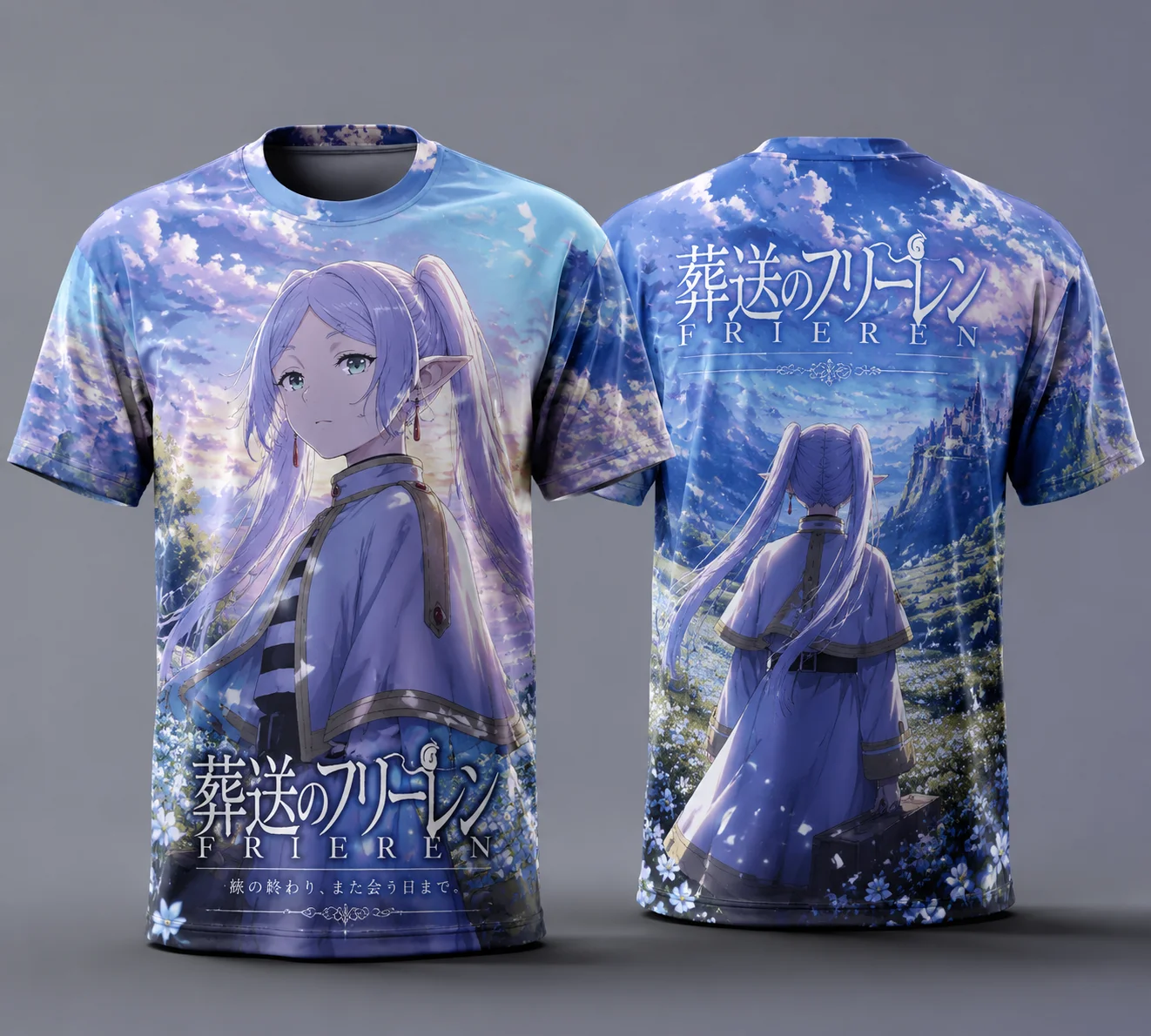 Unisex Frieren Beyond Journey's End All‑Over Print T‑Shirt Elf Mage Graphic Tee for Cosplay Daily Wear Anime Fans