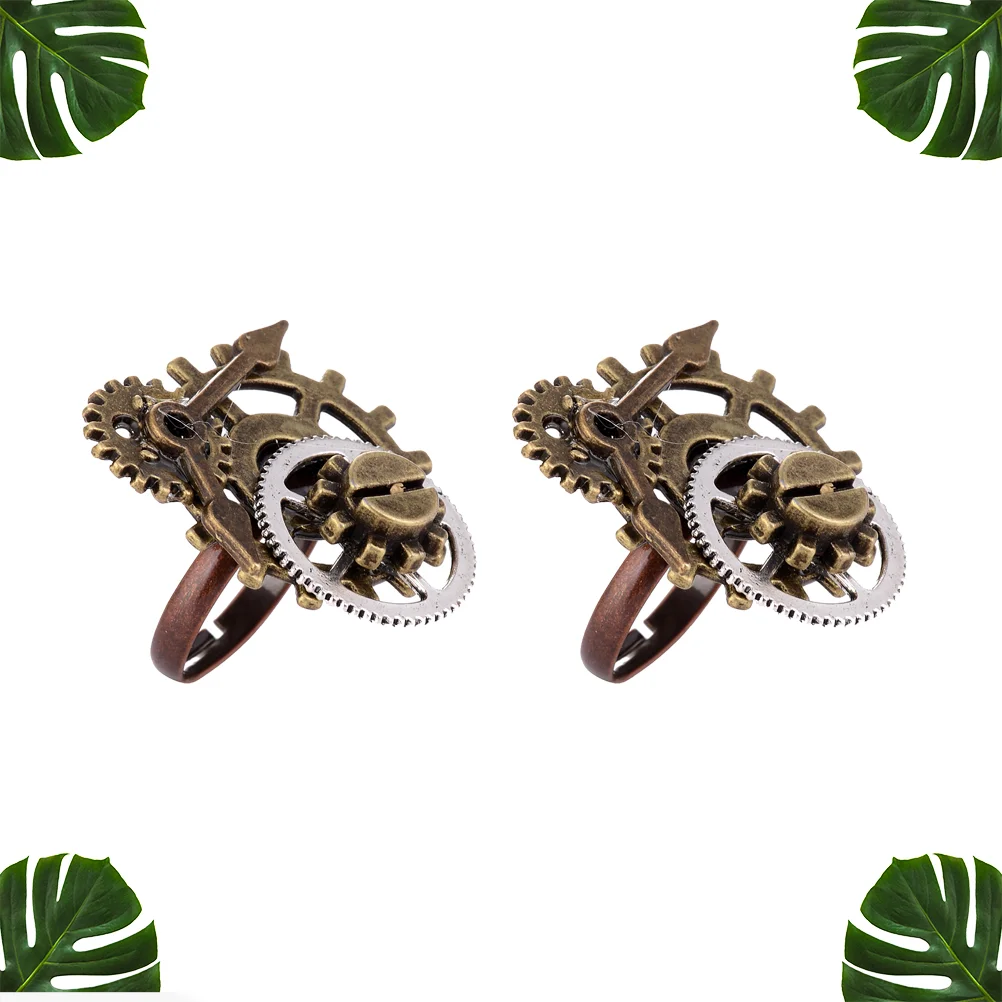 2PCS Steam Punk Ring Stylish Delicate Alloy Jewelry Creative Clock Gear Finger Ring for Men Women Decoration