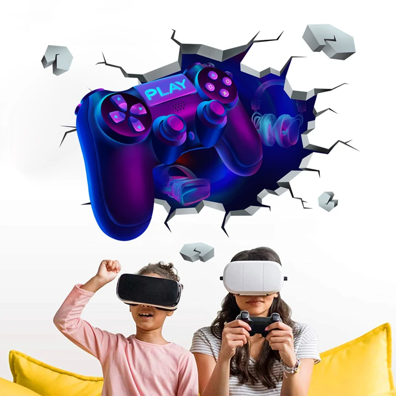 Glowing Blue Sky Wall Hole Art Cool Game Gamepad Earphone Vinyl Mural Stickers Home Decoration for Kids Room Bedroom Gamer Zone