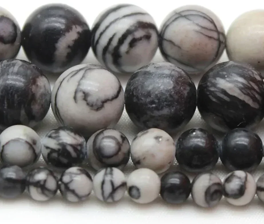 U142-U168 Natural Stone Black Network Stripes Stones Beads Round Loose Spacer Beads UU