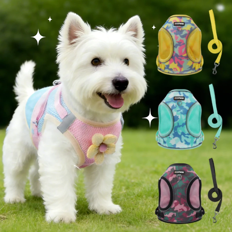 Cat Harness Dog Outdoor Leash Colorful Dog Harness with Leash Small Breed Breathable Vest for Bichon and Cats Dopamine Design