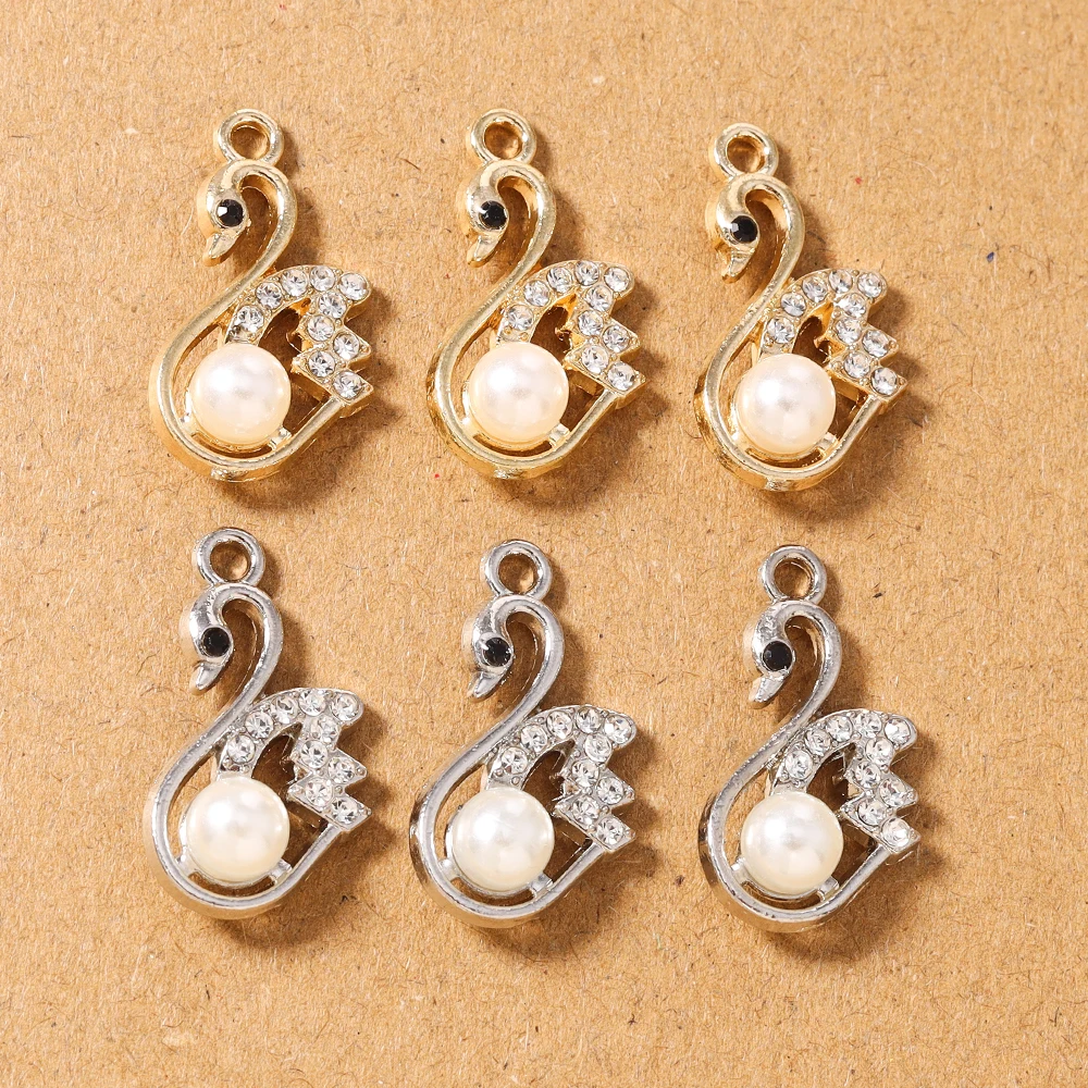 10pcs Cute Rhinestones Pearl Swan Charms Pendants for Jewelry Making Necklace Earrings Bracelet DIY Accessories Supplies