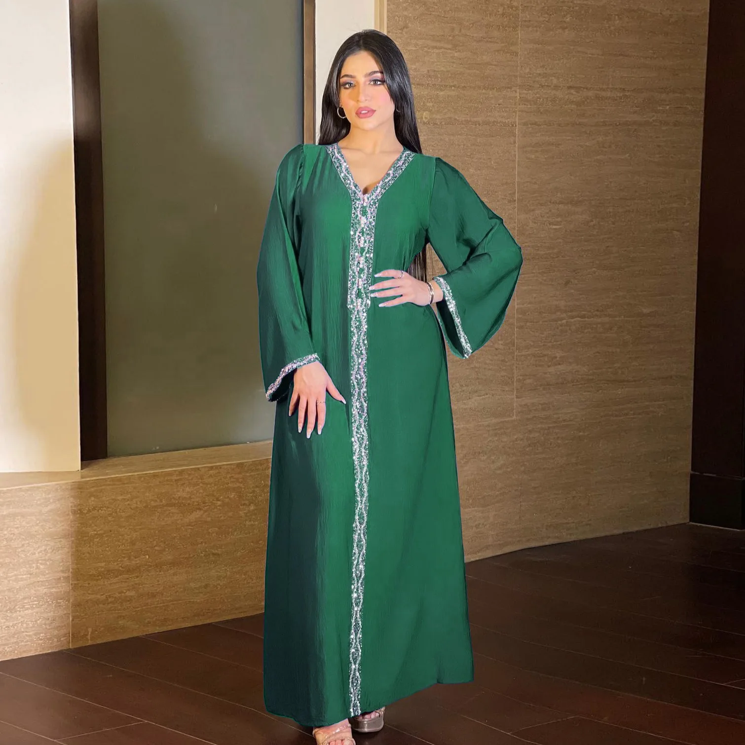 Loose V-neck Abayas for Women Middle East Muslim Dress Women Abaya Dubai Saudi Drill Kaftan Caftan Marocain Robe Elegante Femme