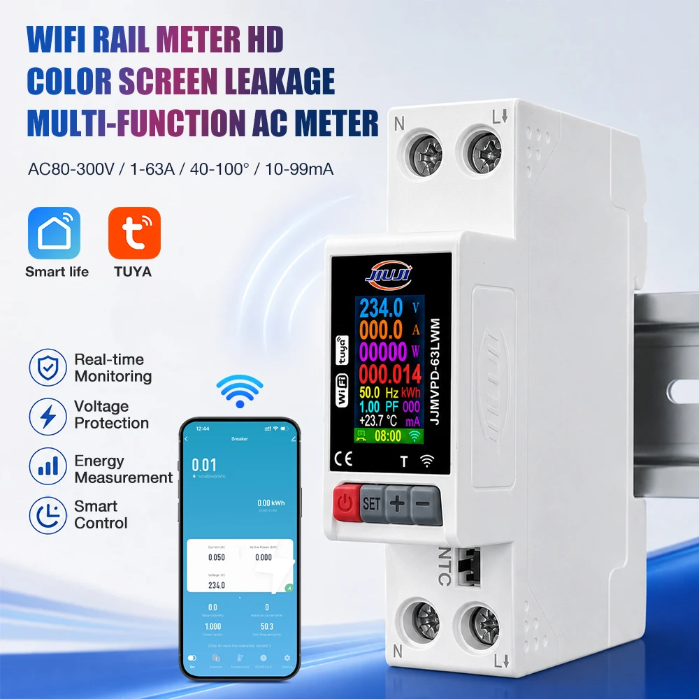 Tuya WiFi 8-in-1 Leakage Protection Energy Meter DIN Rail Voltage Current Temperature Monitor Power KWh HZ PF Electricity Meter