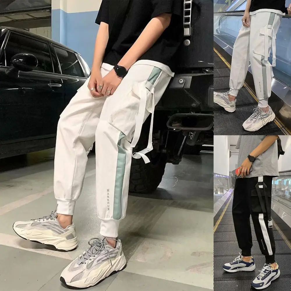 

Hip Hop Long Trouser Drawstring Men Pockets Pants Trousers Ankle Tied Multi Straps Cargo Trousers