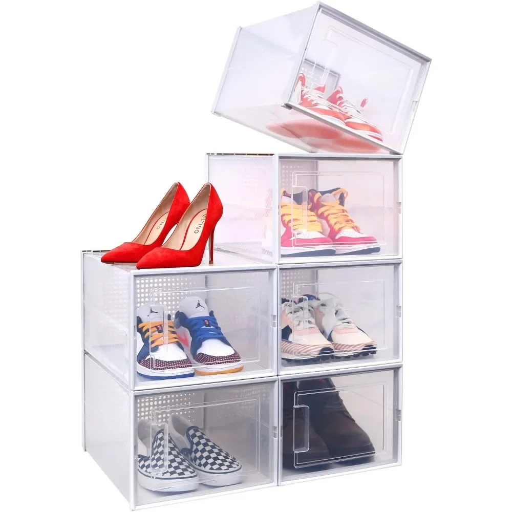 Stackable Plastic Shoe Container Sneaker Closet Drawer Type Front Opening 6-pack Suitcase Display Case Fits US 14