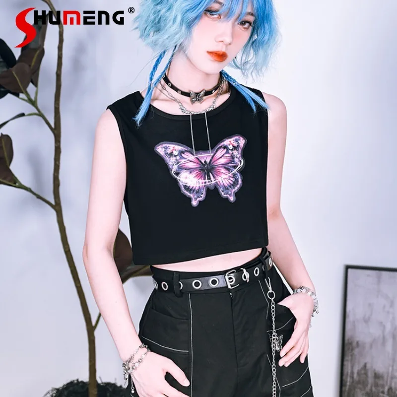 

Summer Chinese Style Camisoles Punk Black Sleeveless Top Women's 2024 New Outdoor Design Short Vest Black Y2k Top Tank Female