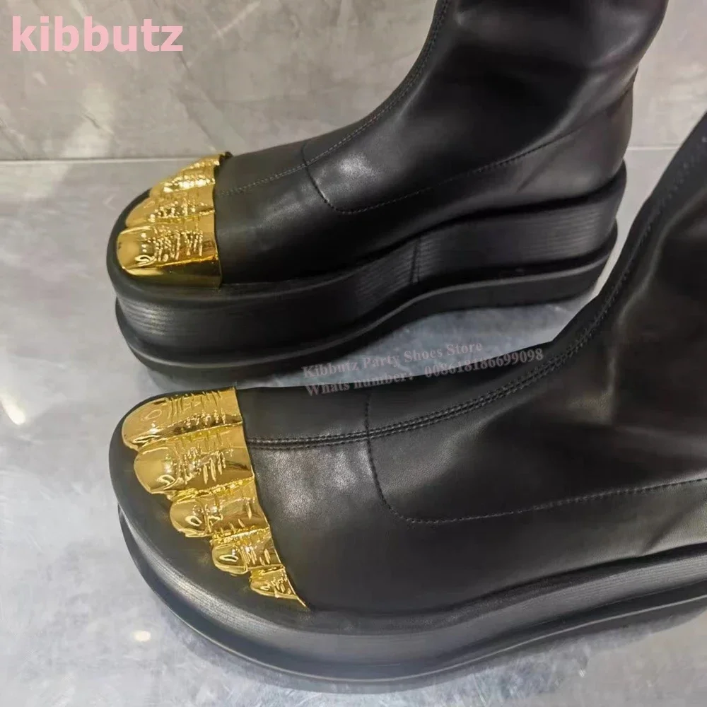 Golden Brass Ankle Boots Five Finger Platform Thin Heel Genuine Leather Back Zipper Fashion Novelty Luxury Sexy Women Shoes New
