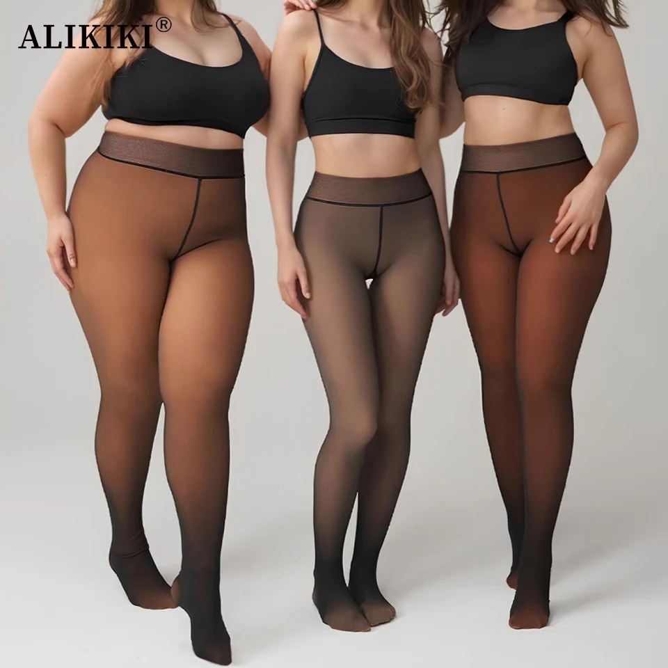 Thermal Fleece Lined Tights One Seam Shaping Leggings Translucent Skin Tone Pantyhose Warm Stockings for Winter