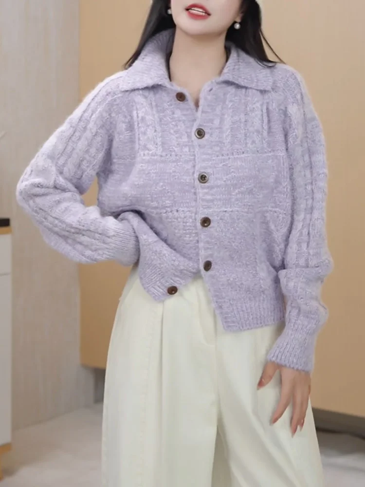 

Фиолетовый вязаный кардиган в корейском стиле, универсальный, больших размеров, стройнящий, верхняя одежда для осени 2025 года, модная женская одежда