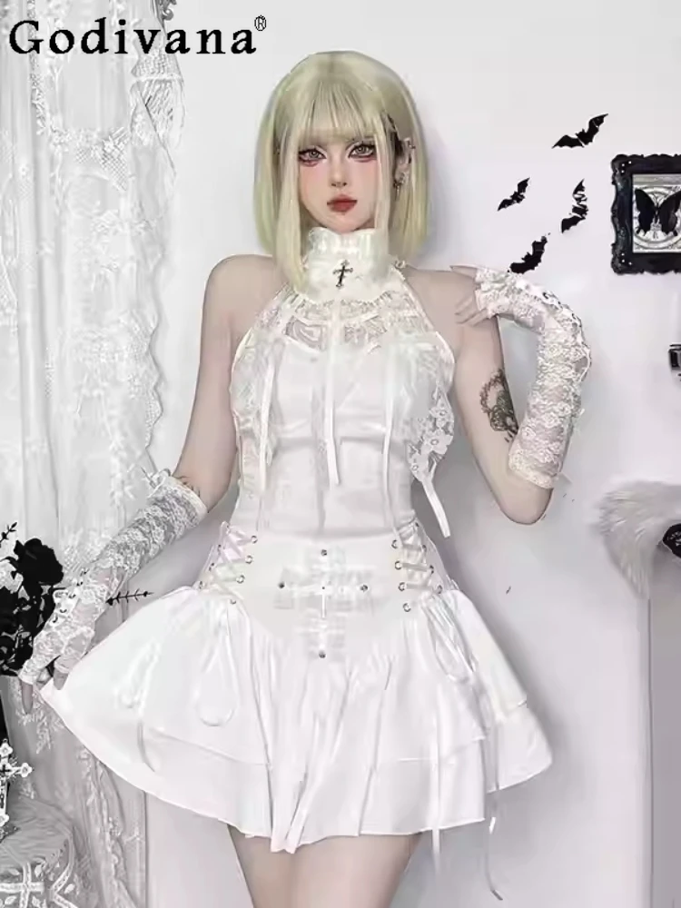 

Spring Summer New Personalized Girl Gothic White Lace Subculture Skirts Fashion High Waist A-line Y2k Sexy Cos Lace-up Skirt