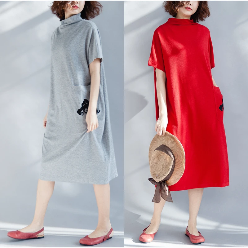 plus Size Autumn Base irt Loose f High Collar Embroidered Bat Sve Dr Women's plus Size Clothing Comfortable Dr