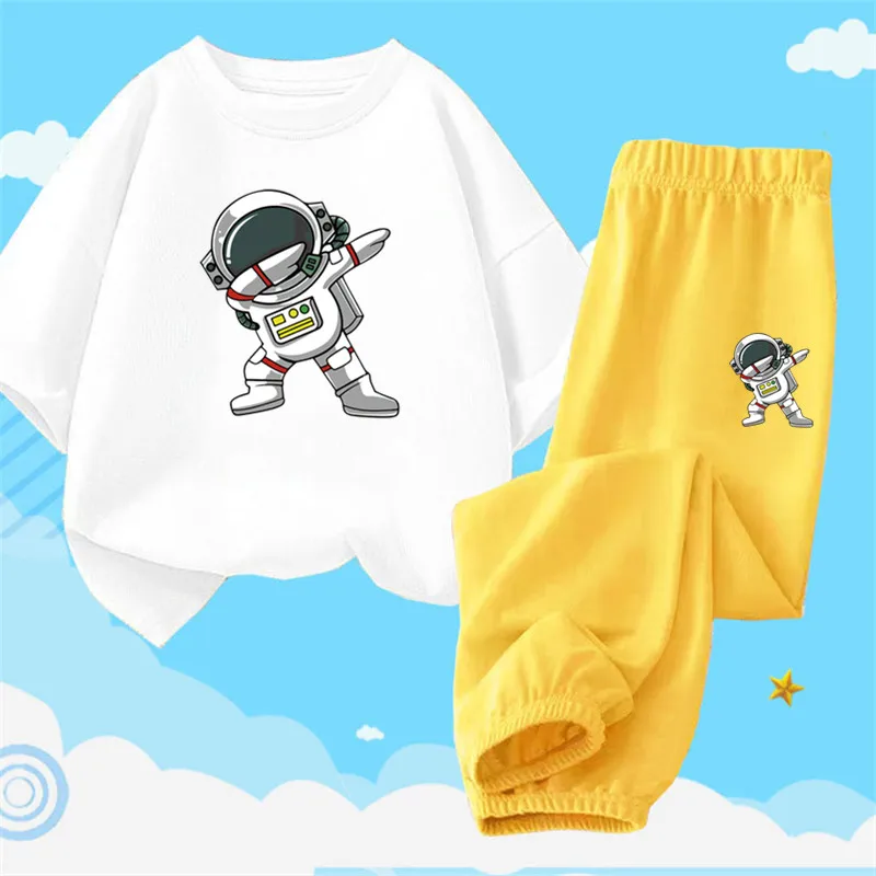 2024 Summer teens Boys Clothes Sets Kids Dance astronaut Short Sleeve T-shirt + Long Pants tracksuit 2PCS Fashion Funny Outfits