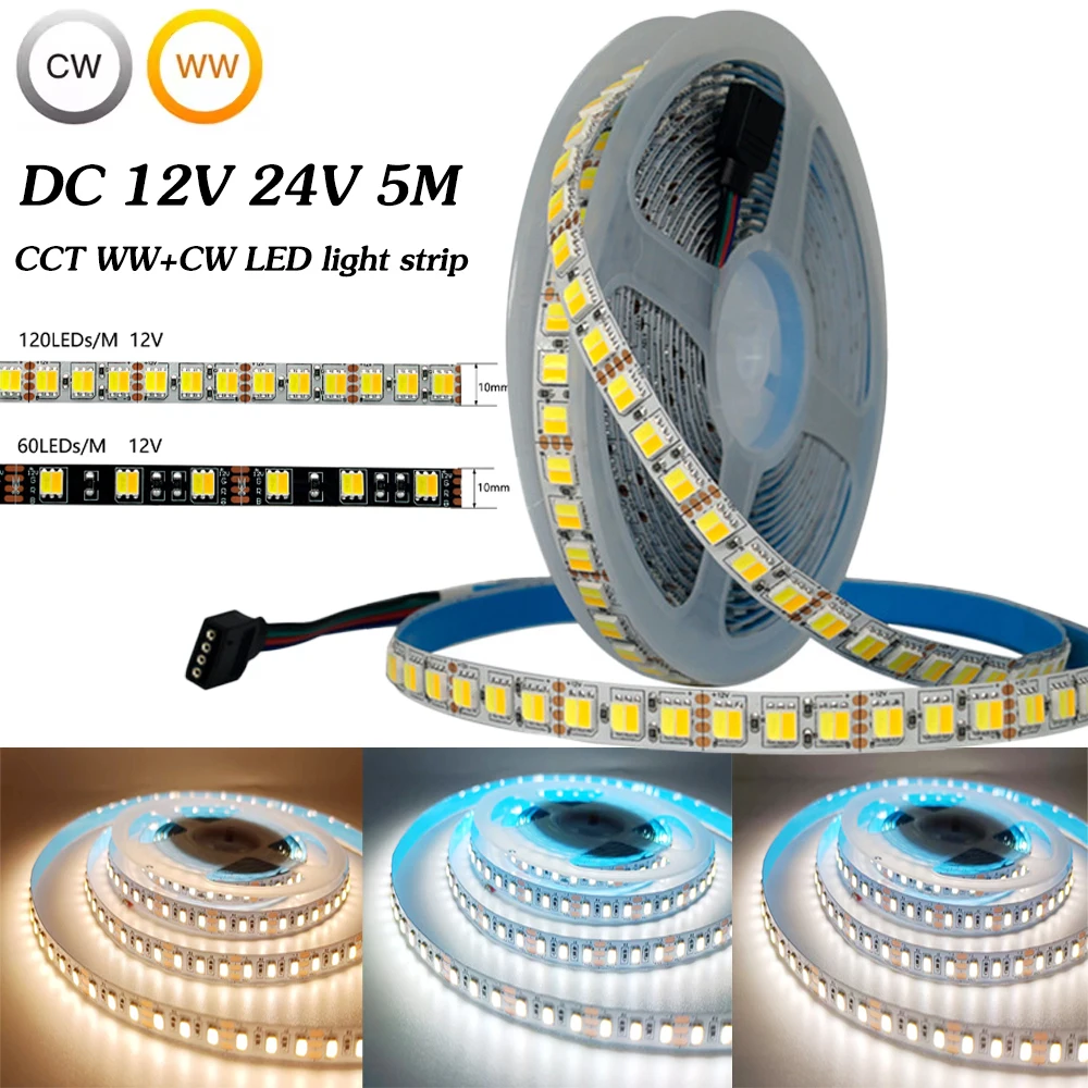 

DC12V 24V 2in1 5050 CCT светодиодная лента с регулируемой цветовой температурой 60 120 светодиодов/м трехцветные светильники для шкафа для шкафа в спальне